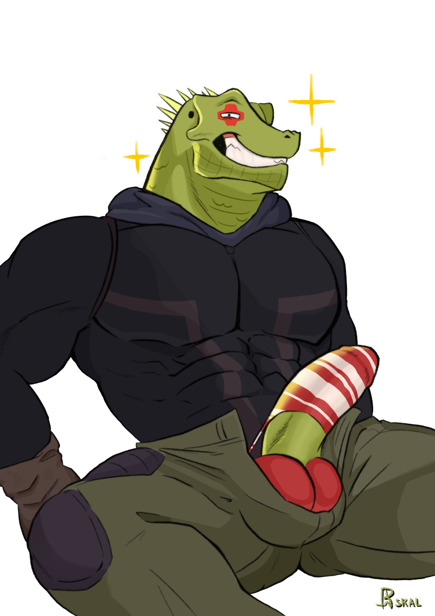 abs absurd_res balls barely_contained big_balls big_penis clothed clothing cock_sock dorohedoro footwear genitals hi_res humanoid kaiman_(dorohedoro) lizard male muscular muscular_male pecs penis penis_clothing raskalaskal reptile scalie socks solo underwear