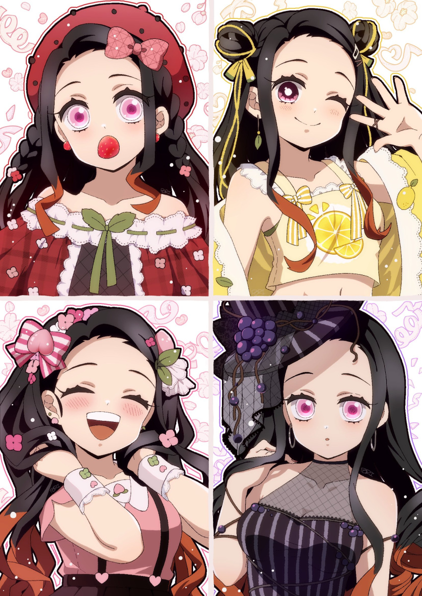 1girl alternate_costume alternate_hairstyle bare_shoulders beret black_hair bow breasts closed_mouth crop_top dress earrings food fruit hair_bow hair_ornament hat highres jewelry kamado_nezuko kimetsu_no_yaiba lemon long_hair looking_at_viewer medium_breasts midriff mouth_hold multicolored_hair off_shoulder one_eye_closed open_mouth orange_hair pink_eyes pink_shirt pori_(kmt_pori) red_headwear ribbon shirt smile stomach strawberry teeth tongue top_hat yellow_shirt