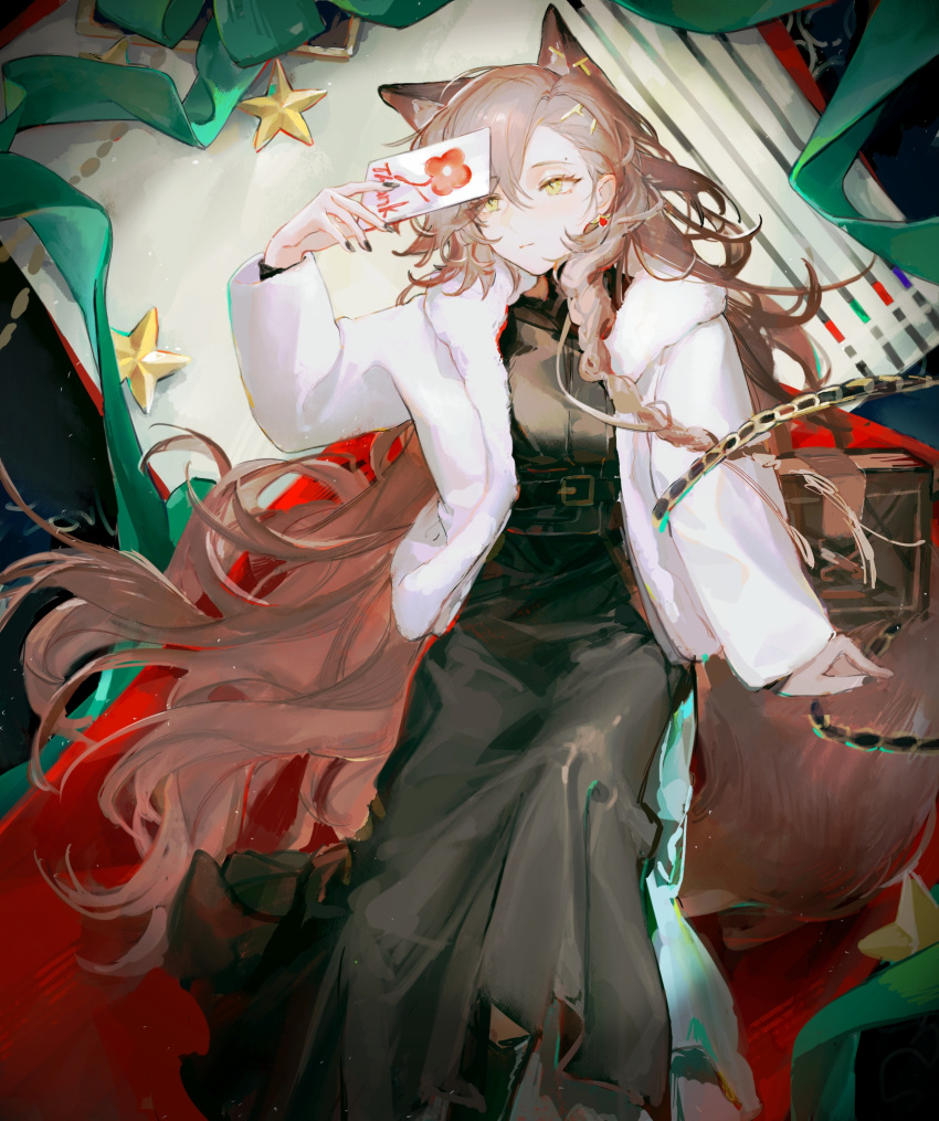 1girl animal_ears arknights black_dress black_nails braid brown_hair dress earrings extra_ears feet_out_of_frame fur-trimmed_jacket fur_trim green_ribbon hair_between_eyes hand_up highres holding holding_paper jacket jewelry jiaowohuahua layered_sleeves long_hair long_sleeves mole_above_eye official_alternate_costume open_clothes open_jacket paper penance_(arknights) penance_(occasionally_flushed)_(arknights) ribbon solo star_(symbol) star_ornament tail very_long_hair white_jacket wolf_ears wolf_girl wolf_tail yellow_eyes