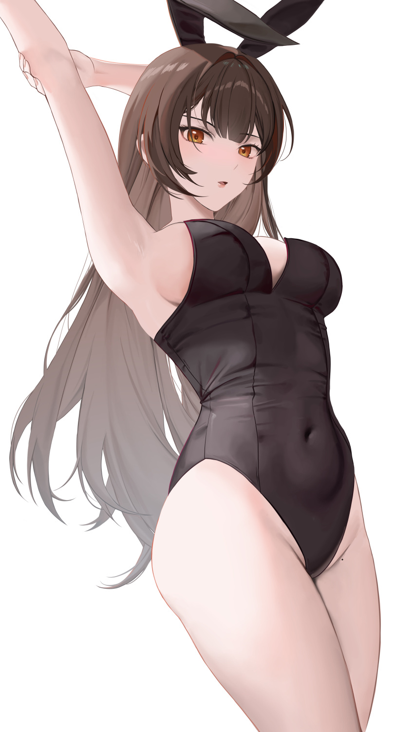 1girl absurdres animal_ears armpits arms_up black_leotard breasts brown_eyes brown_hair covered_nipples cowboy_shot fake_animal_ears gani1127 groin highres holding_own_arm leotard long_hair looking_at_viewer medium_breasts mole mole_on_groin original parted_lips playboy_bunny rabbit_ears sideboob simple_background solo white_background