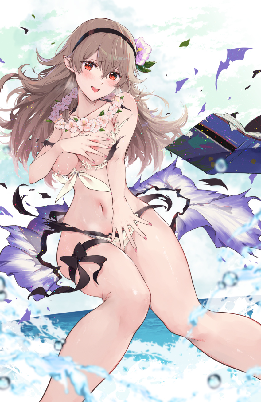 1girl bikini blush breasts bubble corrin_(female)_(fire_emblem) corrin_(female)_(summer)_(fire_emblem) corrin_(fire_emblem) covering_breasts covering_privates fire_emblem fire_emblem_fates fire_emblem_heroes flower grey_hair hair_flower hair_ornament hairband highres large_breasts long_hair looking_at_viewer miyazakit navel nipples ocean official_alternate_costume open_mouth pointy_ears red_eyes solo swimsuit torn_bikini torn_clothes water wet white_background white_bikini