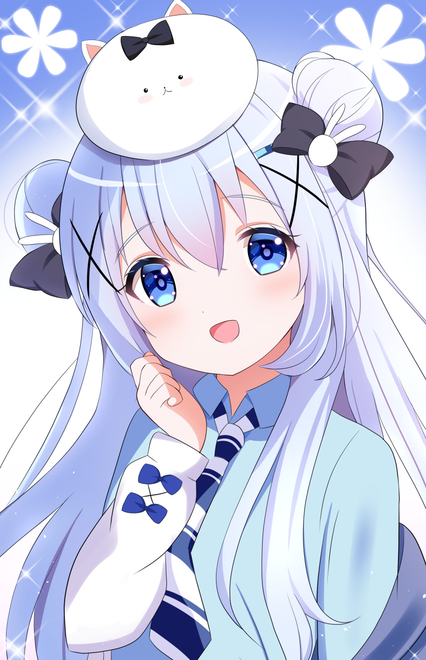 1girl :d absurdres alternate_costume black_bow blue_bow blue_eyes blue_shirt bow collared_shirt double_bun eins_9 gochuumon_wa_usagi_desu_ka? hair_between_eyes hair_bow hair_bun hair_ornament highres kafuu_chino long_hair long_sleeves necktie open_mouth rabbit_hair_ornament shirt smile solo striped_necktie tippy_(gochiusa) upper_body very_long_hair white_hair wing_collar x_hair_ornament