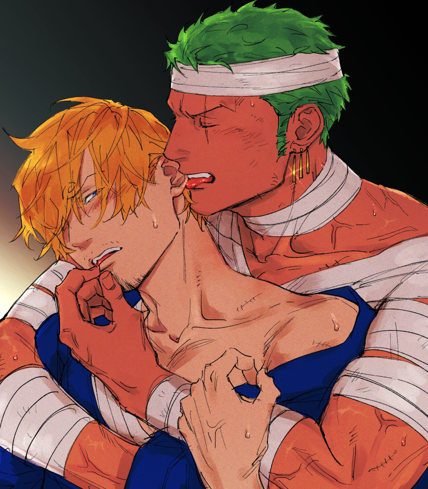 2boys bandaged_chest beard blonde_hair blue_eyes blue_shirt bondage_outfit cigarette closed_eyes colored_skin earrings facial_hair flustered green_hair highres hug hug_from_behind jewelry kzwtr8 licking licking_ear male_focus mature_male multiple_boys one_piece roronoa_zoro sanji_(one_piece) scar scar_on_face shirt short_hair single_earring sweat tan teeth thick_arms tongue upper_teeth_only white_skin yaoi