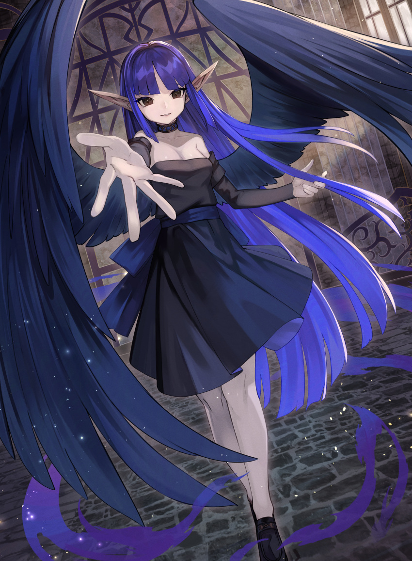 1girl absurdres blunt_bangs blunt_ends breasts choker cleavage commission detached_sleeves dress feathered_wings full_body gate highres light_particles long_hair long_pointy_ears long_sleeves looking_at_viewer night_wing_sorceress parted_bangs pointy_ears purple_hair reaching reaching_towards_viewer sash skeb_commission smile solo strapless strapless_dress sunlight teo_(telo_ruka) very_long_hair wings yu-gi-oh!