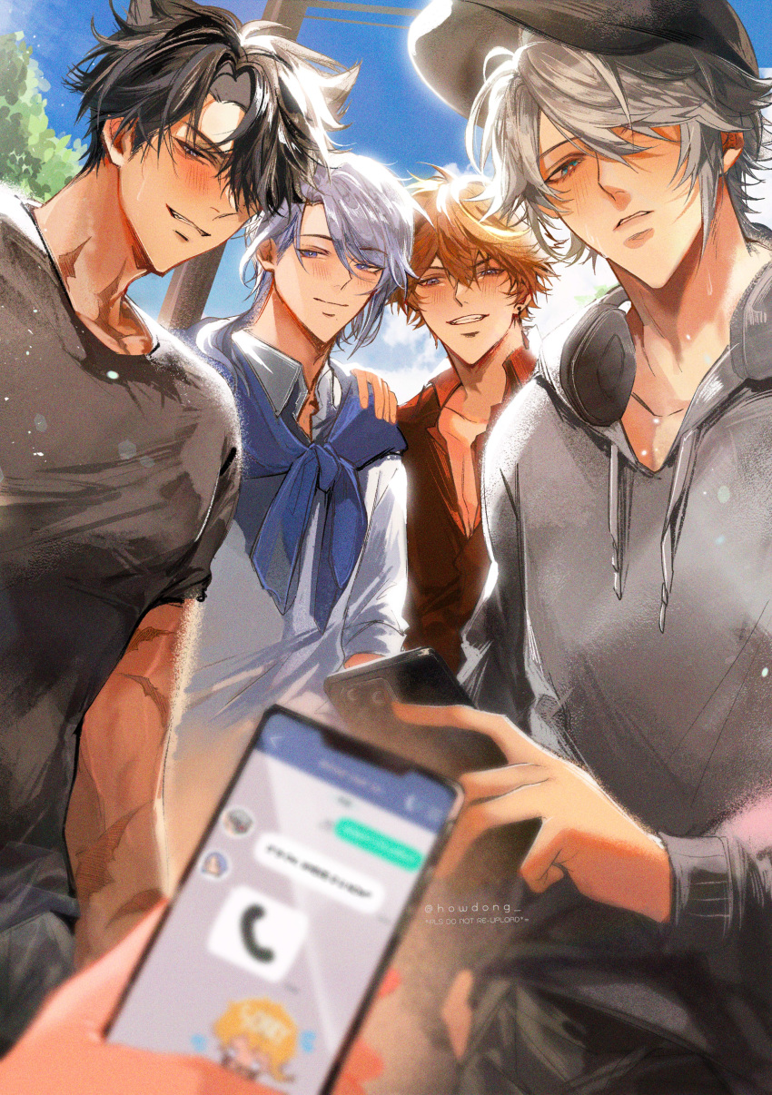 5boys absurdres alhaitham_(genshin_impact) black_hair black_shirt blue_eyes blue_hair blue_shirt blue_sky cellphone chat_log colored_skin flustered genshin_impact grabbing_another's_shoulder grey_hair grey_hoodie highres hood hoodie howdong kamisato_ayato looking_at_viewer male_focus mature_male medium_hair multicolored_hair multiple_boys orange_hair phone pov red_shirt scar scar_on_arm shirt short_hair sky smartphone smile tartaglia_(genshin_impact) teeth two-tone_eyes two-tone_hair utility_pole white_skin wriothesley_(genshin_impact) yaoi