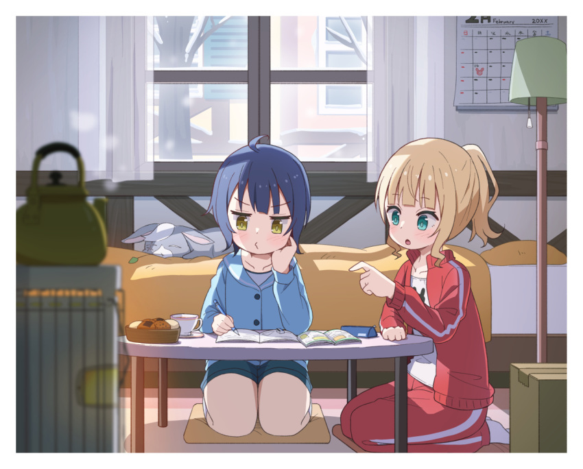 2girls ahoge animal animal_print aqua_eyes bed blanket blonde_hair blue_hair blue_jacket blue_shirt blue_shorts blunt_bangs box buttons calendar_(object) cardboard_box collarbone commentary_request cup curtains cushion day elbow_rest flat_chest food gochuumon_wa_usagi_desu_ka? hand_on_own_cheek hand_on_own_face holding holding_pencil indoors jacket jouga_maya kettle kirima_syaro lamp long_sleeves looking_at_another lying mechanical_pencil mohei multiple_girls notebook on_bed open_clothes open_jacket open_mouth pants partial_commentary pencil pencil_case pillow pointing ponytail print_shirt puckered_lips rabbit rabbit_print red_jacket red_pants red_track_suit saucer scar seiza senbei shirt short_hair shorts sidelocks single_stripe sitting snow socks steam table teacup track_jacket track_pants track_suit white_shirt white_socks wild_geese window yellow_eyes