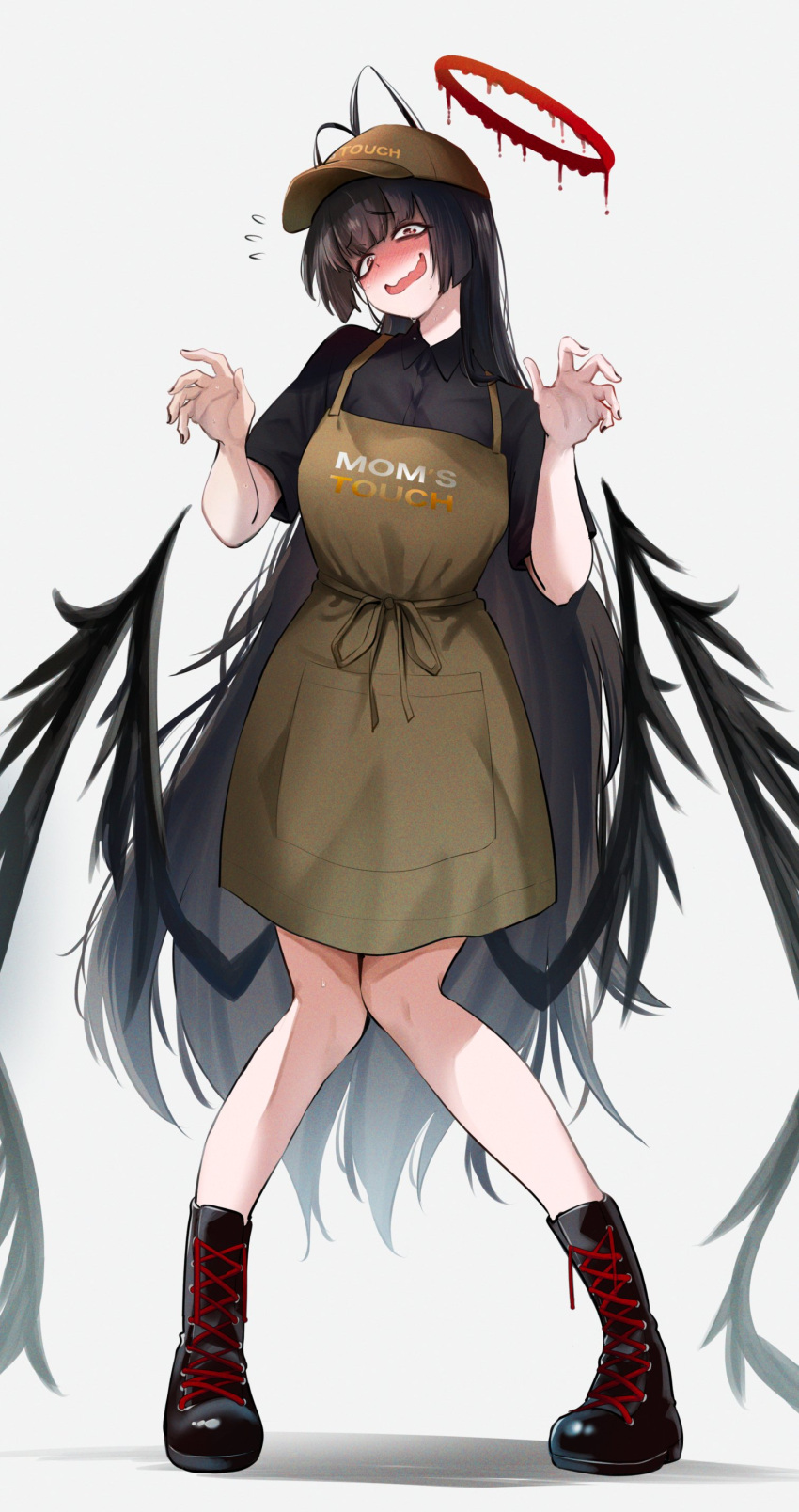 1girl absurdres alternate_costume ankoku_kishi_m antenna_hair apron bags_under_eyes baseball_cap black_footwear black_hair black_nails black_shirt black_wings blood_halo blue_archive blush boots brown_apron brown_headwear clothes_writing flying_sweatdrops full_body halo hat highres long_hair looking_at_viewer low_wings melting_halo mom's_touch open_mouth red_eyes red_halo shirt solo tsurugi_(blue_archive) very_long_hair wavy_mouth wings