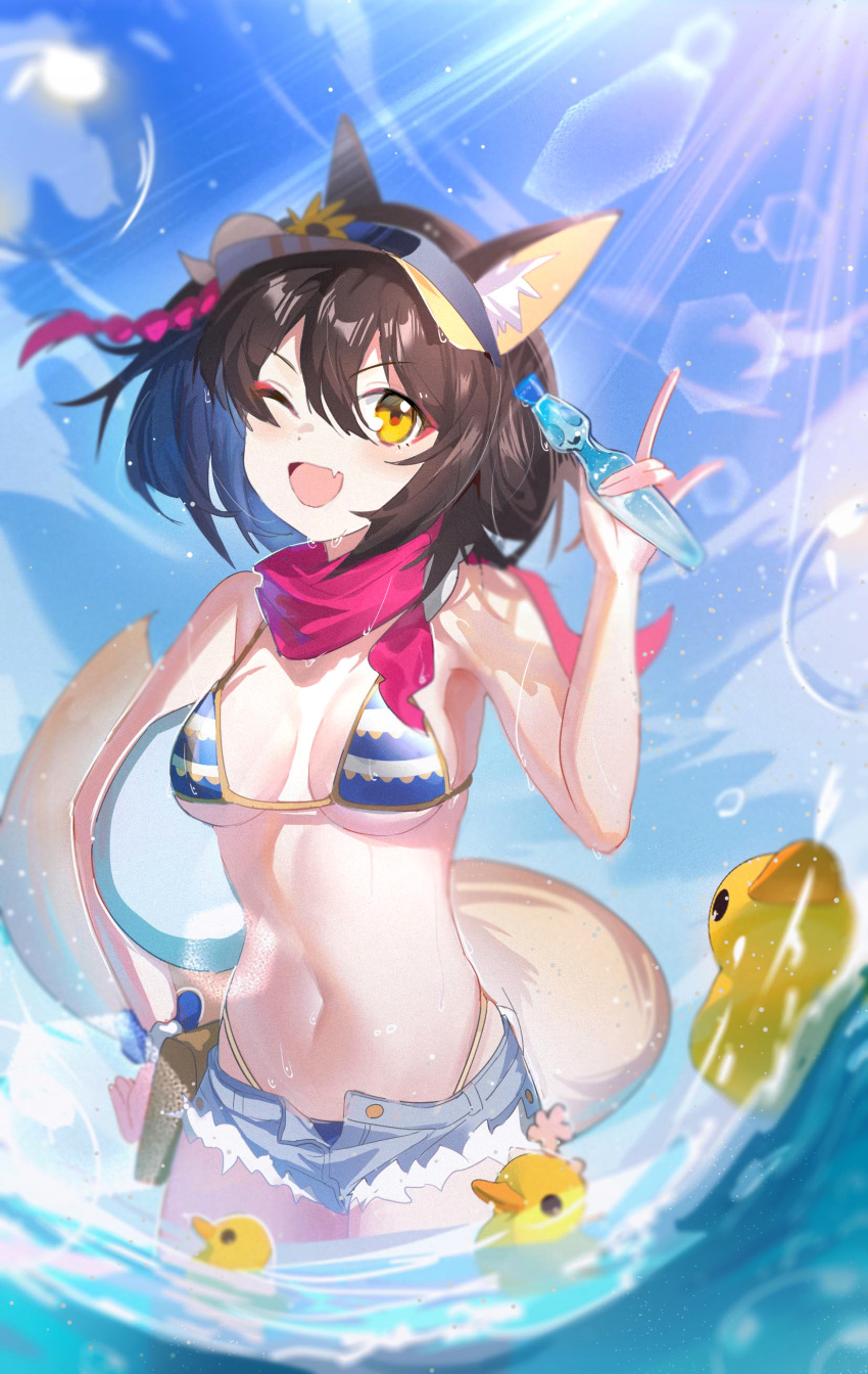 1girl absurdres animal_ear_fluff animal_ears bikini black_hair blue_archive blue_bikini blue_sky breasts commentary_request day denim denim_shorts facing_viewer fang fox_ears fox_tail hand_on_own_hip hand_up highleg highleg_bikini highres holding izuna_(blue_archive) izuna_(swimsuit)_(blue_archive) lens_flare looking_ahead micro_shorts navel ocean official_alternate_costume one_eye_closed open_mouth outdoors partially_underwater_shot pink_scarf rubber_duck scarf short_hair shorts skin_fang sky small_breasts smile solo standing striped striped_bikini sunlight swimsuit tail tansuan_(ensj3875) visor_cap wading yellow_eyes