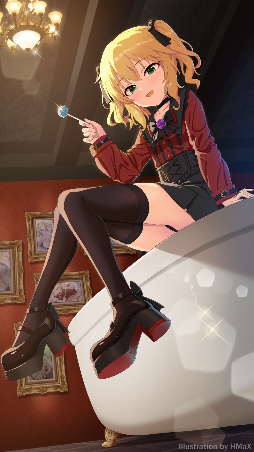 1girl :d absurdres artist_name bathtub black_footwear black_headwear black_panties black_pantyhose black_skirt black_thighhighs blonde_hair blue_nails blush bow candy chandelier flower food frills glint green_eyes highres hmax holding holding_candy holding_food holding_lollipop idolmaster idolmaster_cinderella_girls idolmaster_cinderella_girls_starlight_stage indoors jirai_kei lollipop long_sleeves looking_at_viewer open_mouth panties pantyhose petite picture_frame purple_flower purple_nails red_shirt sakurai_momoka shirt short_hair sitting skirt smile solo thighhighs underwear wavy_hair zettai_ryouiki