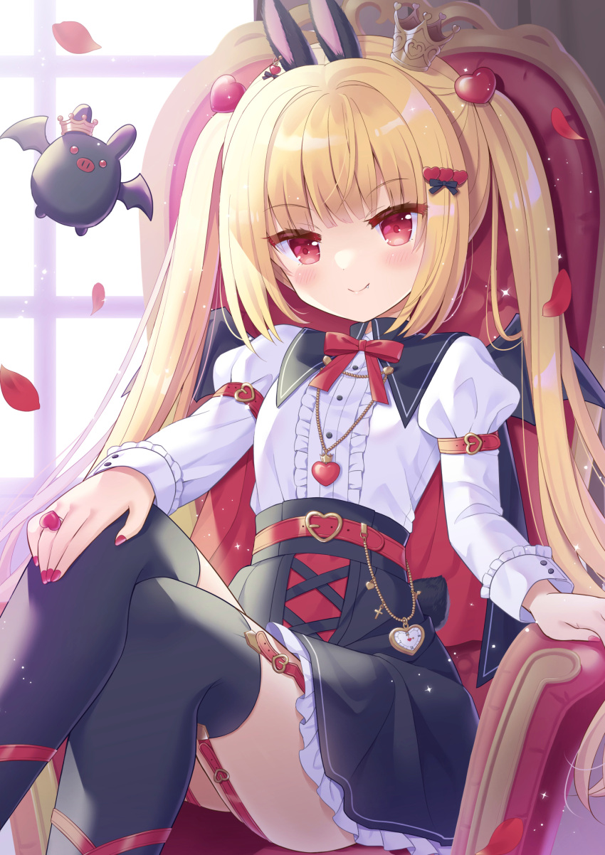 1girl animal_ears bat_(animal) belt black_bow black_skirt black_thighhighs blonde_hair blunt_bangs blush bow c: closed_mouth colored_eyelashes commentary crossed_legs crown eyelashes fang feet_out_of_frame flat_chest frilled_skirt frills garter_straps hair_bow hair_ornament hand_on_own_knee heart heart_belt heart_hair_ornament high-waist_skirt highres hoshimame_mana indoors juliet_sleeves long_hair long_sleeves looking_at_viewer mini_crown nail_polish original pocket_watch puffy_sleeves rabbit_ears rabbit_girl red_belt red_bow red_eyes red_nails shirt sidelighting skirt smile solo straight_hair thighhighs thighs tsurime twintails vampire very_long_hair watch white_shirt window zettai_ryouiki