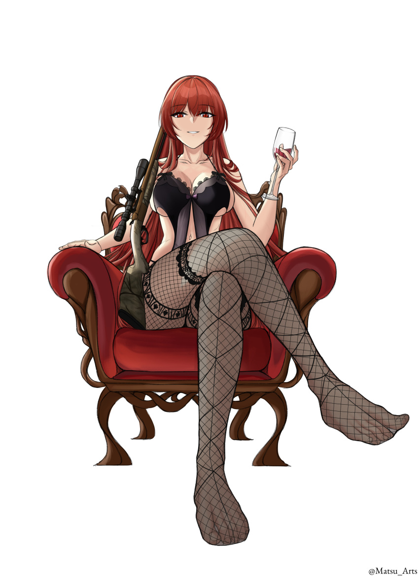 1girl absurdres armchair artist_name bare_shoulders black_nightgown bolt_action breasts chair character_request cleavage collarbone crossed_legs cup drinking_glass fishnet_pantyhose fishnets full_body girls'_frontline gun highres holding holding_cup holding_gun holding_weapon long_hair looking_at_viewer matsu_arts medium_breasts nightgown no_shoes open_mouth pantyhose parted_lips red_eyes red_hair rifle sitting sniper_rifle solo twitter_username weapon white_background wine_glass