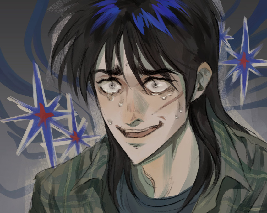 1boy black_hair black_shirt commentary_request constricted_pupils crying crying_with_eyes_open false_smile green_shirt highres itou_kaiji kaiji korean_commentary long_hair male_focus open_mouth panespaghetti plaid plaid_shirt scar scar_on_cheek scar_on_face shirt smile solo tears teeth undershirt upper_body upper_teeth_only white_eyes