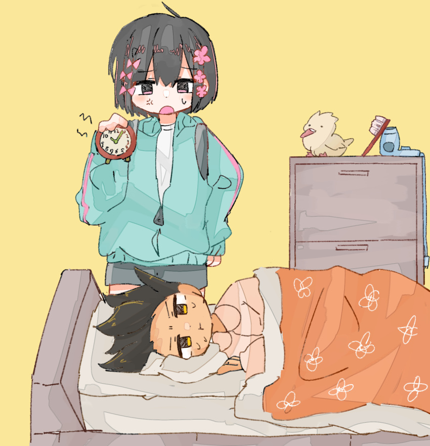 alarm_clock aqua_jacket bed bird black_hair black_shorts bow cevio clock crossover flower futon_(o00_ux) hair_bow hair_dryer hair_flower hair_ornament highres holding_clock jacket kaai_yuki kurari-chan kyu-kurarin_(cevio) messy_hair neoki_yashi_no_ki_(vocaloid) on_bed pink_eyes shirt shorts simple_background stuffed_toy sweatdrop toothbrush track_jacket vocaloid white_shirt yellow_background yellow_eyes