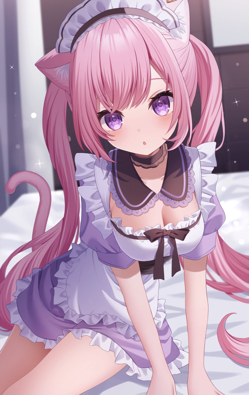 1girl :o absurdres animal_ear_fluff animal_ears apron arm_support bed blush breasts cat_ears cat_girl cat_tail choker cleavage collarbone dress frilled_dress frills head_tilt heart heart-shaped_pupils highres lace lace_choker long_hair looking_at_viewer maid maid_apron maid_headdress medium_breasts original pink_hair purple_eyes sapphire_(sapphire25252) sitting solo swept_bangs symbol-shaped_pupils tail twintails very_long_hair yokozuwari