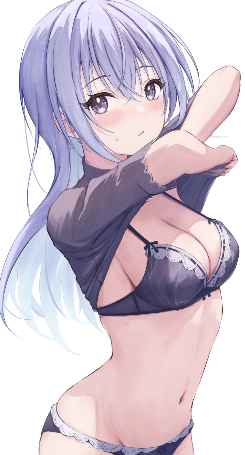 1girl absurdres black_bra black_panties black_shirt blue_hair blush bra breasts cleavage groin highres idolmaster idolmaster_shiny_colors long_hair looking_at_viewer masuku_(saint_mask) medium_breasts navel no_pants panties shirt shirt_hold simple_background solo stomach straight_hair suzuki_hana sweatdrop underwear undressing very_long_hair white_background