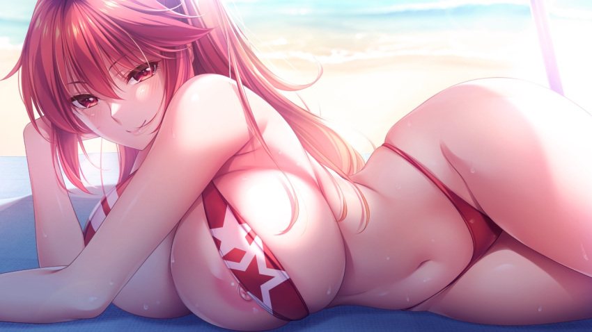 1girl beach bikini breasts bunny's_mama_daikou_service choco_chip game_cg hair_between_eyes large_breasts long_hair lying navel nipple_slip nipples ocean oda_kiyoko on_side red_bikini red_eyes red_hair shore sling_bikini_top smile solo star_(symbol) star_print swimsuit wet