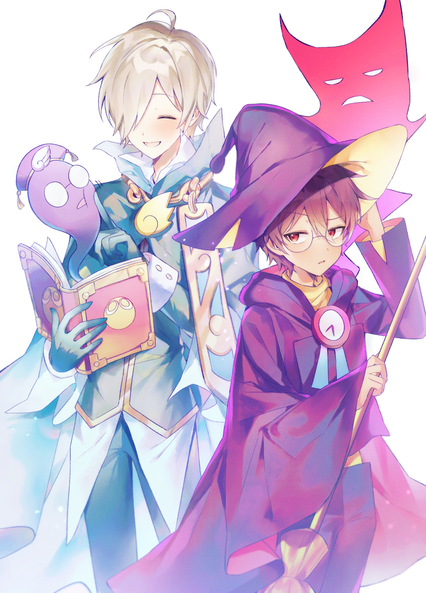 2boys absurdres blue_ribbon book broom brown_hair clock closed_eyes cosplay costume_switch hair_between_eyes hair_over_one_eye highres holding holding_book holding_broom it_po_(sss_cmy) klug_(puyopuyo) lemres_(puyopuyo) long_sleeves male_focus multiple_boys open_mouth orange_sweater parted_lips purple_robe puyopuyo red_eyes ribbon robe round_eyewear strange_klug sweater white_background wing_ornament