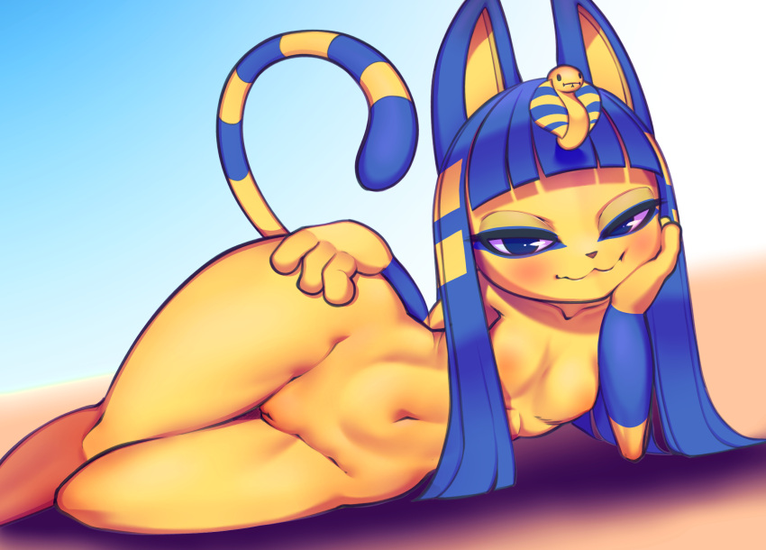 1girl :3 alternate_hair_length alternate_hairstyle animal_crossing animal_ears ankha_(animal_crossing) arm_rest blonde_hair blue_background blue_eyeliner blue_eyes blue_fur blue_hair blue_sky blunt_bangs blush body_fur breasts cat_ears cat_girl cat_tail cleft_of_venus closed_mouth collarbone commentary completely_nude day english_commentary eyeliner furry furry_female groin hair_ornament half-closed_eyes hand_on_own_hip hands_up happy head_rest highres hime_cut hitmanatee long_hair looking_at_viewer lying makeup multicolored_hair navel nipples nude on_ground on_side outdoors pussy sidelocks sky small_breasts smile snake_hair_ornament solo stomach striped_tail tail tail_raised thick_thighs thighs two-tone_fur two-tone_hair uncensored wide_hips yellow_fur