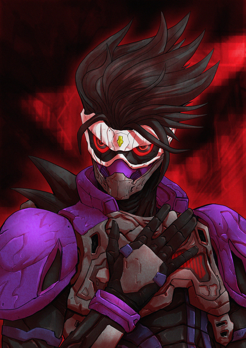 1boy adi_(adivider) armor black_hair gamer_driver highres kamen_rider kamen_rider_ex-aid_(series) kamen_rider_genm male_focus mighty_action_x_level_2 purple_armor red_eyes solo spiked_hair tokusatsu upper_body