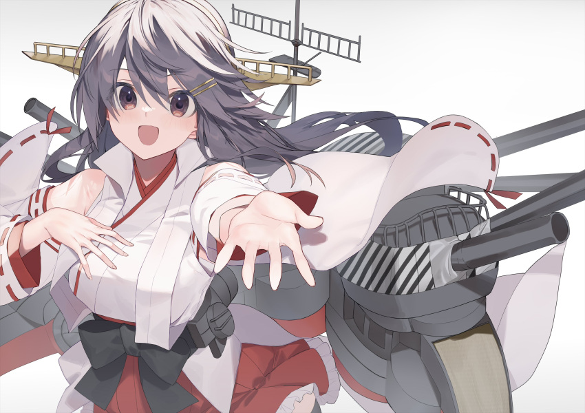 1girl black_hair brown_eyes cannon cowboy_shot detached_sleeves gradient_background hair_ornament hairclip hand_on_own_chest haruna_(kancolle) haruna_kai_ni_(kancolle) headgear highres kantai_collection long_hair machinery nontraditional_miko picoli1313 popped_collar red_skirt ribbon-trimmed_sleeves ribbon_trim skirt smile solo turret white_background