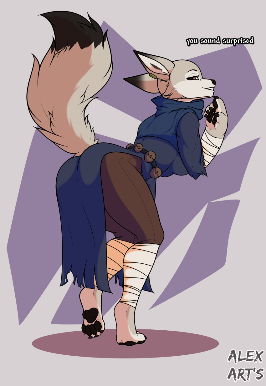 absurd_res alex_art's anthro canid canine canis clothed clothing corsac_fox digital_media_(artwork) dreamworks english_text female female/female fox fur hi_res kung_fu_panda looking_at_viewer mammal pose simple_background smile solo tail text thick_thighs zhen_(kung_fu_panda)