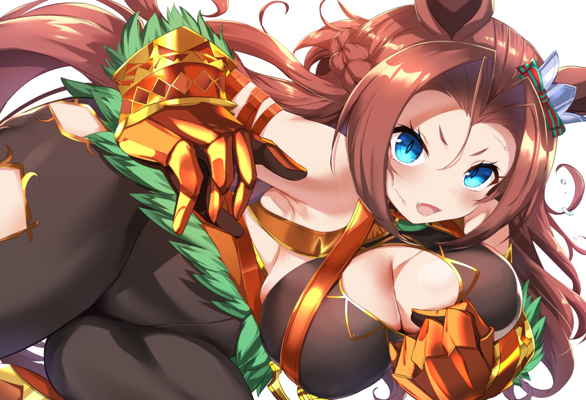 1girl absurdres alternate_costume animal_ears armpits bare_shoulders black_pantyhose blue_eyes blush braid breasts brown_hair cleavage clenched_hand commentary_request cosplay ear_ornament el_condor_pasa_(kukulkan_monk)_(umamusume) el_condor_pasa_(umamusume) el_condor_pasa_(umamusume)_(cosplay) french_braid hair_intakes highres horse_ears horse_girl horse_tail kawakami_princess_(umamusume) large_breasts long_hair looking_at_viewer maou_(maoudaisukiya) open_mouth panties pantyhose simple_background solo tail umamusume underwear v-shaped_eyebrows white_background