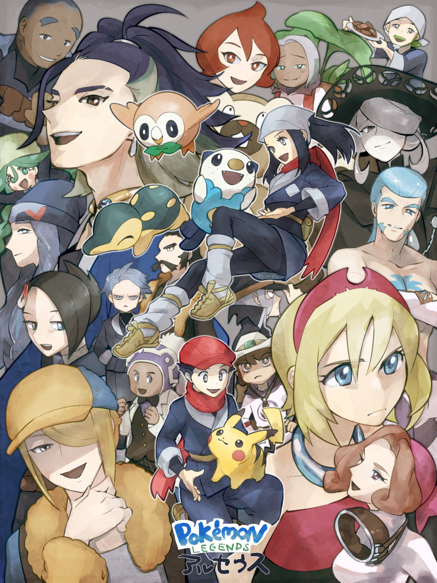 6+boys 6+girls :&lt; absurdres adaman_(pokemon) akari_(pokemon) arezu_(pokemon) bandana belt beni_(pokemon) bibarel black_bow black_bowtie black_coat black_dress black_eyes black_headwear black_pants black_vest blue_bracelet blue_eyes blue_facial_hair blue_hair blue_headwear blush_stickers bow bowtie braid bright_pupils brown_bag brown_eyes brown_footwear brown_hair calaba_(pokemon) chest_tattoo closed_mouth coat cogita_(pokemon) collarbone copyright_name crossed_arms cyllene_(pokemon) cyndaquil dark-skinned_male dark_skin dress earrings eyelashes facial_hair frown gaeric_(pokemon) galaxy_expedition_team_survey_corps_uniform goatee goggles goggles_around_neck green_eyes green_headwear grey_background grey_eyes grey_facial_hair grey_hair grey_socks grin hair_ornament hair_over_one_eye hairband hairclip hands_in_pockets hands_on_own_hips head_scarf highres holding holding_plate ingo_(pokemon) irida_(pokemon) iscan_(pokemon) japanese_clothes jewelry kamado_(pokemon) laventon_(pokemon) lian_(pokemon) mai_(pokemon) matsuko_(kj_punch) melli_(pokemon) mole mole_under_mouth multicolored_hair multiple_boys multiple_girls mustache old old_woman open_mouth oshawott palina_(pokemon) pants pikachu pink_bandana pink_eyes plate pokemon pokemon_(creature) pokemon_legends:_arceus pom_pom_(clothes) purple_headwear red_dress red_eyes red_hairband red_headwear red_scarf rei_(pokemon) rowlet sabi_(pokemon) scarf short_hair smile socks sparse_stubble split_mouth striped striped_pants sweater tattoo teeth thick_eyebrows twin_braids two-tone_headwear upper_teeth_only vest volo_(pokemon) white_headwear white_pupils white_sweater wrinkled_skin