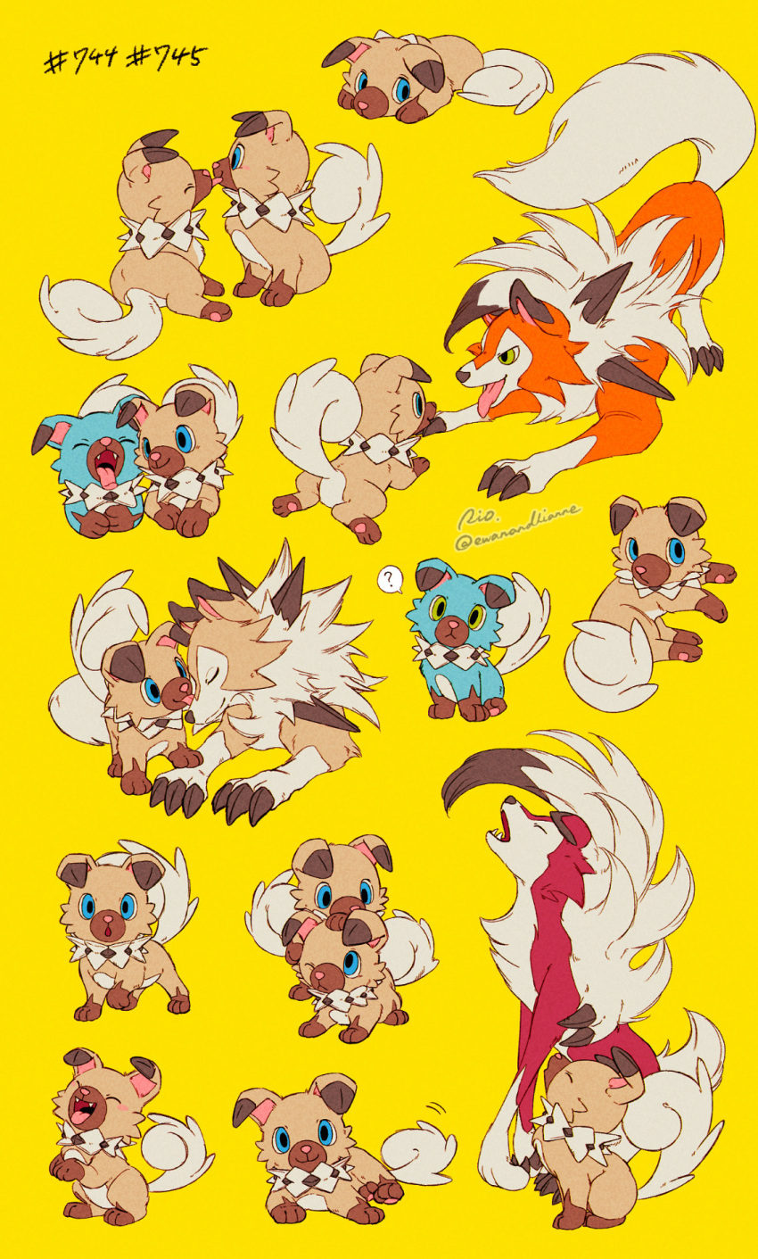 2023 ambiguous_gender anthro black_nose blue_body blue_eyes blue_fur brown_body brown_fur claws dipstick_ears dusk_lycanroc ewanandlianne feral fur generation_7_pokemon green_eyes group hi_res howl licking lycanroc midday_lycanroc midnight_lycanroc multicolored_body multicolored_ears multicolored_fur nintendo pawpads pink_nose pink_pawpads pink_tongue pokemon pokemon_(species) quadruped red_body red_fur rockruff shiny_pokemon signature simple_background smile toe_claws tongue tongue_out two_tone_body two_tone_fur white_body white_fur yellow_background