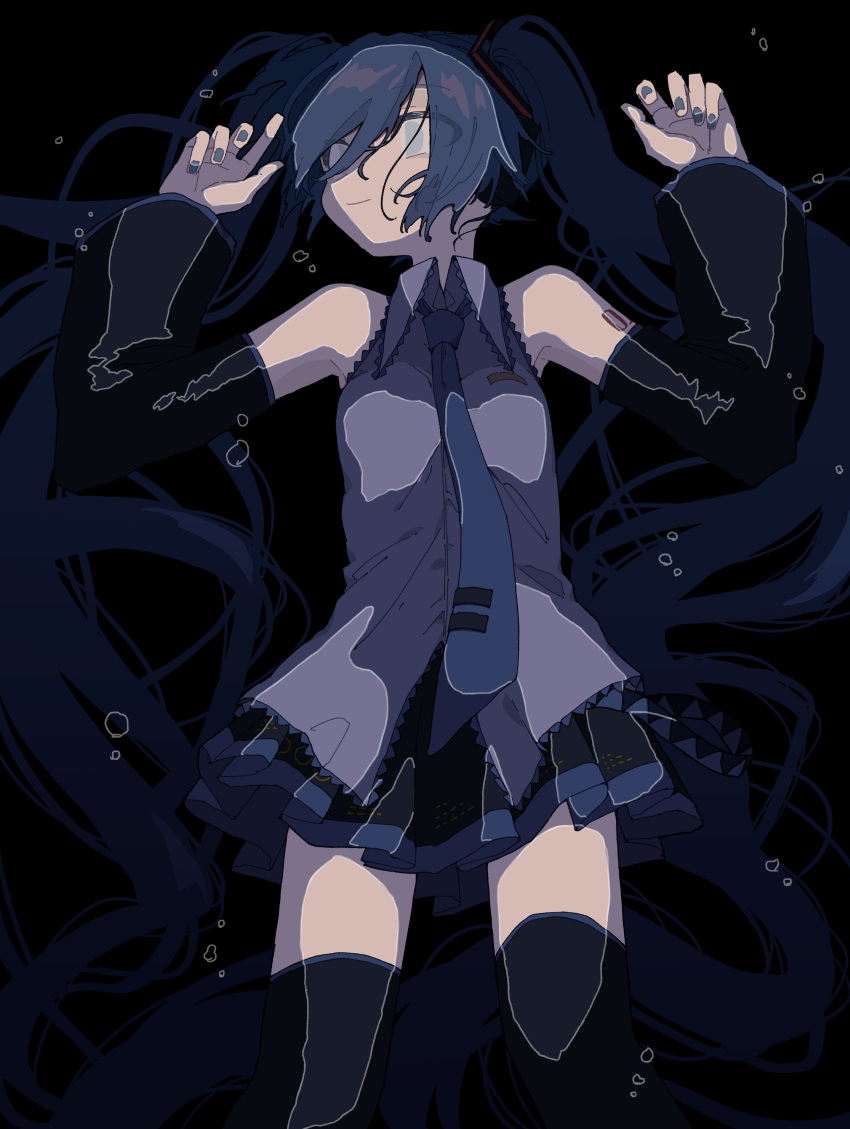 1girl absurdres afloat air_bubble bare_shoulders black_background black_skirt black_sleeves black_thighhighs blue_eyes blue_hair blue_nails blue_necktie bubble commentary corpse cowboy_shot death detached_sleeves empty_eyes facing_to_the_side grey_shirt hair_ornament hands_up hatsune_miku headphones highres long_hair lying miniskirt nail_polish necktie on_back partially_submerged pleated_skirt shiro_kuro_(shirokuro_3939) shirt shoulder_tattoo skirt sleeveless sleeveless_shirt smile solo tattoo thighhighs twintails very_long_hair vocaloid water zettai_ryouiki