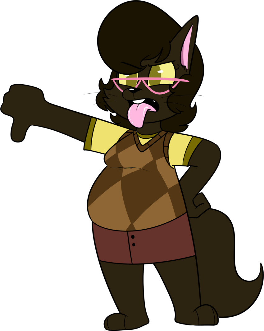 2017 4_fingers alpha_channel anthro barefoot biped black_eyebrows black_eyelashes black_mouth black_nose black_whiskers bleh bottomwear breasts brown_body brown_bottomwear brown_clothing brown_ears brown_fur brown_hair brown_skirt brown_tail brown_topwear brown_tuft brown_vest buckteeth cadence_bonaventura cheek_tuft chokovit_(artist) clothed clothed_anthro clothed_female clothing colored digital_drawing_(artwork) digital_media_(artwork) domestic_cat eyebrow_through_hair eyebrows eyewear facial_tuft feet felid feline felis female female_anthro fingers front_view full-length_portrait fur fur_tuft gesture glasses glistening glistening_eyes green_eyes hair hi_res mammal no_pupils overweight overweight_anthro overweight_female pink_eyewear pink_glasses pink_inner_ear pink_tongue portrait shirt simple_background skirt small_breasts solo standing t-shirt tail teeth thumbs_down tongue tongue_out topwear translucent translucent_hair transparent_background tuft vest whiskers yellow_clothing yellow_sclera yellow_shirt yellow_t-shirt yellow_topwear york_chocolate