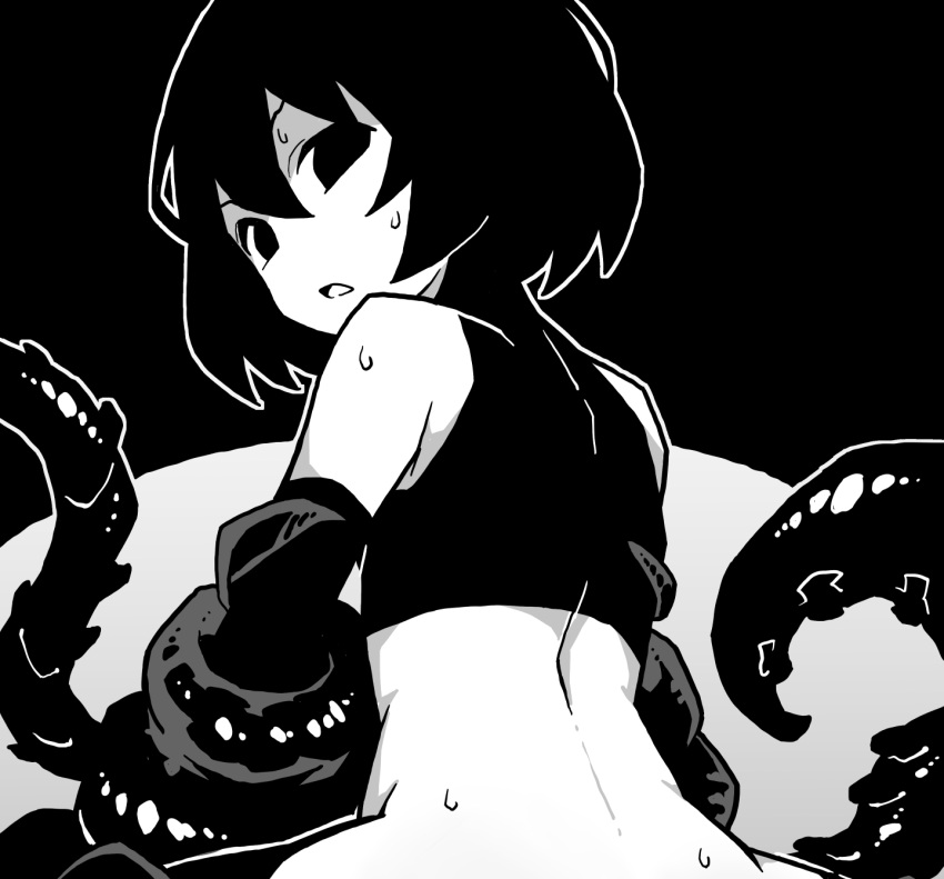 1girl akableak bare_back bare_shoulders black_background black_eyes black_gloves black_hair black_shirt bob_cut bottomless bound bound_arms commentary cropped elbow_gloves empty_eyes english_commentary from_behind gloves greyscale hair_between_eyes highres leaning_forward looking_at_viewer looking_back monochrome monogatari_(series) open_mouth oshino_ougi out-of-frame_censoring outline paid_reward_available pale_skin shirt short_hair sleeveless sleeveless_turtleneck solo sweat tentacles turtleneck two-tone_background white_outline worried