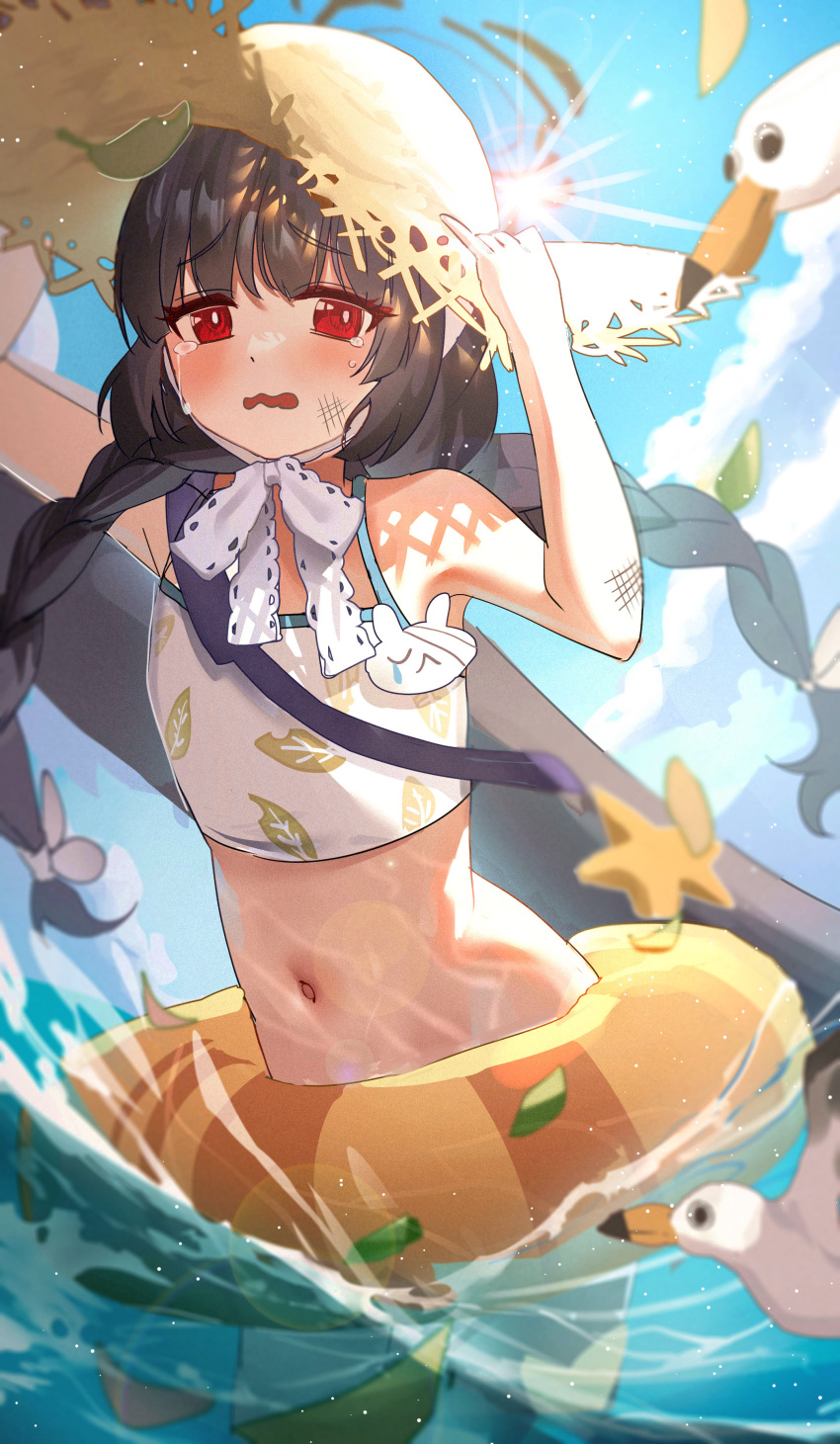 1girl absurdres arms_up bikini bird black_hair blue_archive blue_sky braid cloud cloudy_sky commentary_request crying day flat_chest hat hat_tug highres innertube lace_ribbon long_hair looking_at_viewer low_twintails miyu_(blue_archive) miyu_(swimsuit)_(blue_archive) navel neck_ribbon official_alternate_costume open_mouth outdoors red_eyes ribbon scratches sky solo standing straw_hat sun sun_hat swimsuit tansuan_(ensj3875) twintails wading white_bikini