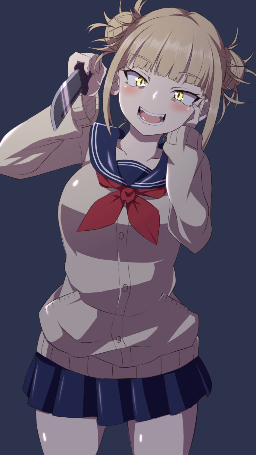 1girl blonde_hair blue_sailor_collar blue_skirt blunt_bangs blush boku_no_hero_academia cardigan cowboy_shot double_bun hair_bun highres holding holding_knife knife kou89 looking_at_viewer messy_hair neckerchief open_mouth pleated_skirt red_neckerchief sailor_collar sanpaku school_uniform serafuku short_hair sidelocks simple_background skirt slit_pupils solo toga_himiko yellow_cardigan yellow_eyes