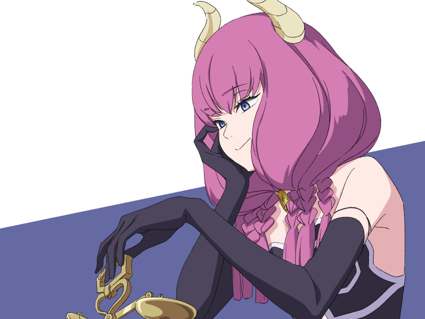 1girl absurdres aura_(sousou_no_frieren) bare_shoulders black_gloves blue_eyes closed_mouth commentary_request daidaiyaoyao demon_girl demon_horns elbow_gloves gloves hand_on_own_face head_rest highres holding_scale horns low-braided_long_hair purple_hair smile solo sousou_no_frieren two-tone_background upper_body weighing_scale