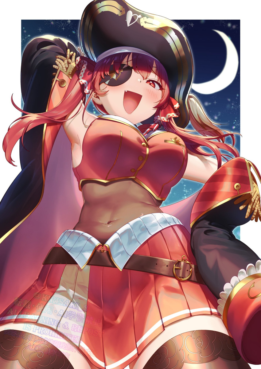 1girl ascot belt bicorne black_coat black_headwear blush border breasts brown_belt buttons coat crescent_moon cropped_jacket eyepatch gold_trim hair_ribbon hat highres hololive houshou_marine houshou_marine_(1st_costume) jacket kirisaki_shuusei large_breasts leather_belt leotard leotard_under_clothes long_hair looking_at_viewer miniskirt moon night night_sky off_shoulder open_mouth outside_border pirate_hat pleated_skirt red_ascot red_eyes red_hair red_jacket red_ribbon red_skirt ribbon see-through see-through_leotard skirt sky sleeveless sleeveless_jacket solo twintails virtual_youtuber white_border