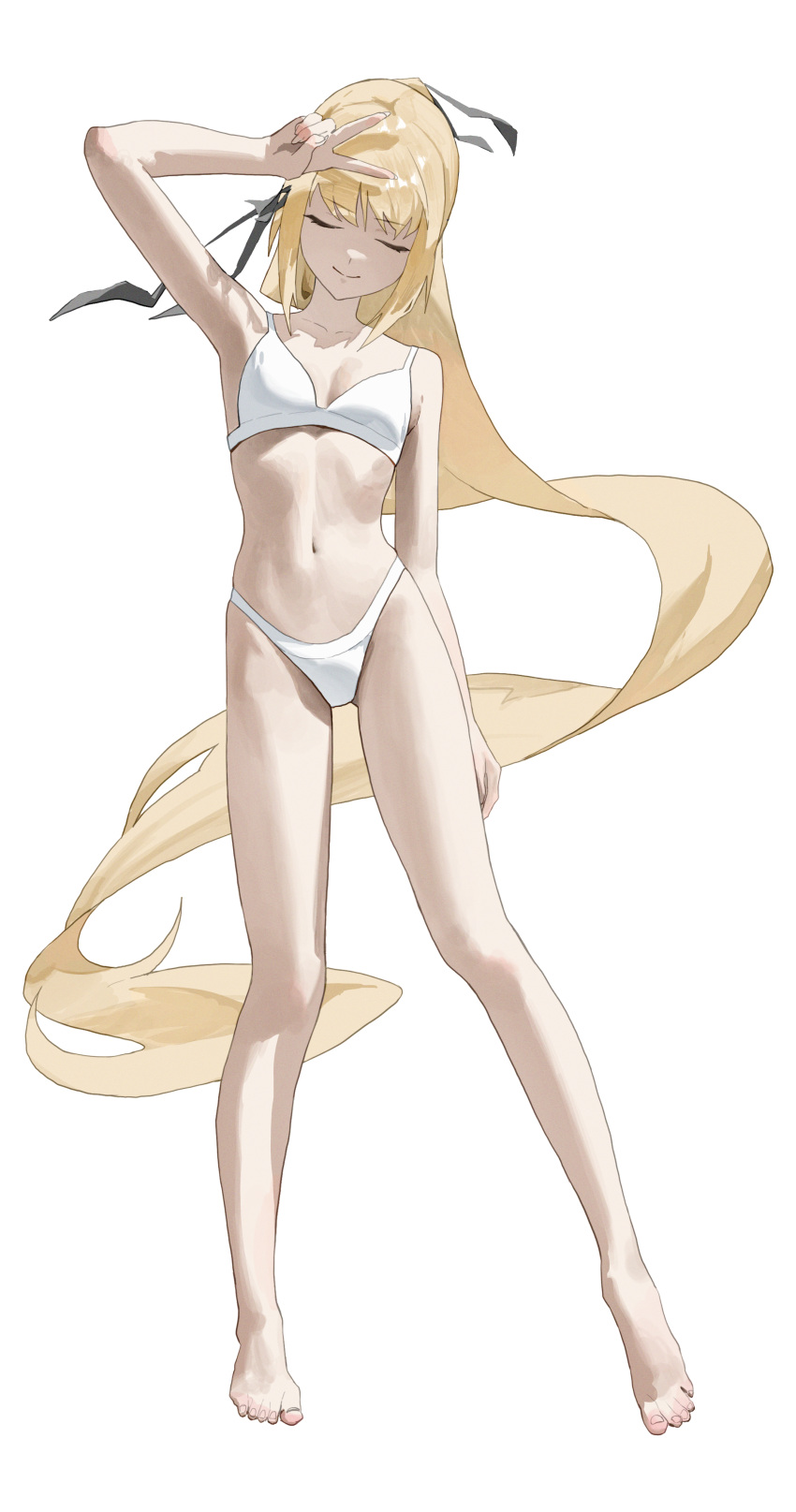 1girl absurdres arm_up armpits barefoot black_ribbon blonde_hair bra breasts closed_eyes closed_mouth eyelashes feet hair_ribbon highleg highleg_panties highres kiss-shot_acerola-orion_heart-under-blade kizumonogatari legs long_hair long_legs monogatari_(series) navel oshino_shinobu panties ribbon sidelocks simple_background small_breasts solo stomach tabulagami tiptoes toenails toes underwear underwear_only very_long_hair white_background white_bra