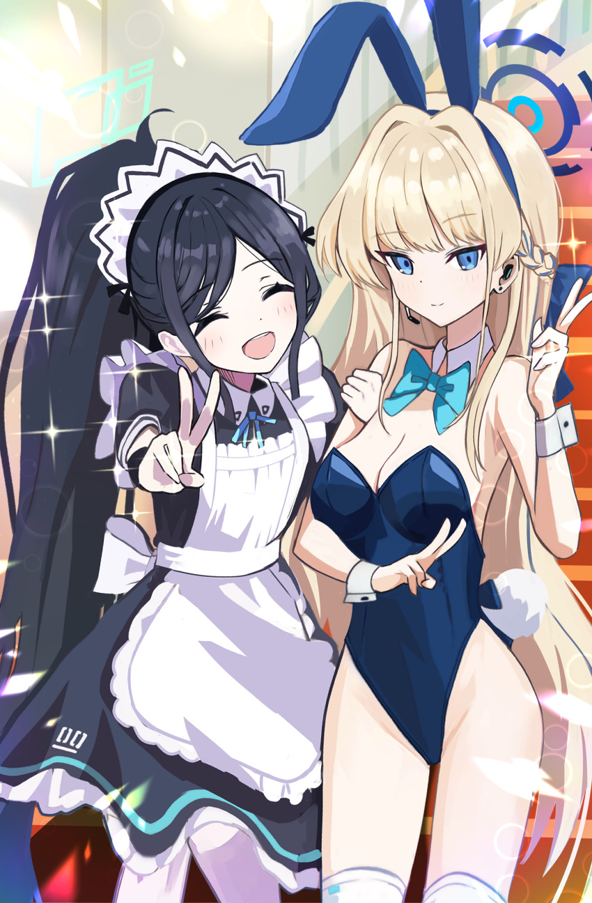2girls :d ^_^ absurdres animal_ears apron aqua_bow aqua_bowtie aris_(blue_archive) aris_(maid)_(blue_archive) bare_shoulders black_hair blonde_hair blue_archive blue_halo blue_leotard bow bowtie breasts cleavage closed_eyes detached_collar double_v fake_animal_ears halo highres leotard long_hair looking_at_viewer maid maid_apron medium_breasts multiple_girls official_alternate_costume playboy_bunny rabbit_ears short_sleeves smile thighhighs thighs thomason366 toki_(blue_archive) toki_(bunny)_(blue_archive) v white_apron white_thighhighs