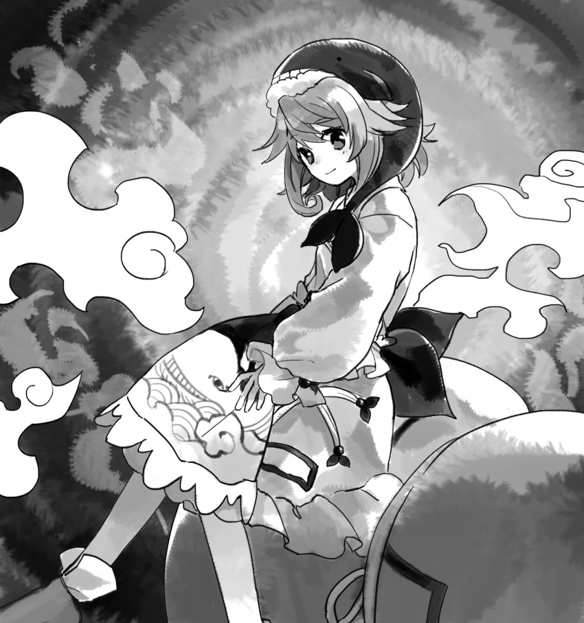 1girl apron closed_mouth commentary_request flat_chest frilled_skirt frilled_sleeves frills greyscale hat highres kaigen_1025 long_sleeves medium_hair monochrome neckerchief okunoda_miyoi shirt sitting sketch skirt smile solo touhou waist_apron whale_hat