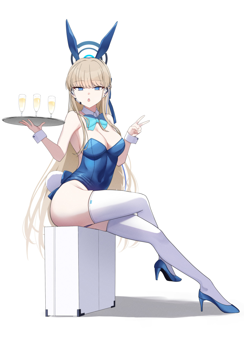 1girl absurdres alcohol animal_ears blonde_hair blue_archive blue_bow blue_bowtie blue_eyes blue_footwear blue_hair blue_halo blue_leotard bow bowtie breasts briefcase champagne champagne_flute cleavage commentary_request crossed_legs cup detached_collar drinking_glass earpiece earrings fake_animal_ears full_body gloves hair_bow halo high_heels highleg highleg_leotard highres holding holding_tray jewelry leotard long_hair looking_at_viewer medium_breasts microphone multicolored_hair official_alternate_costume official_alternate_hairstyle open_mouth playboy_bunny rabbit_ears rabbit_tail shumpi simple_background sitting solo strapless strapless_leotard streaked_hair stud_earrings tail thighhighs toki_(blue_archive) toki_(bunny)_(blue_archive) tray v white_background white_gloves white_thighhighs wrist_cuffs