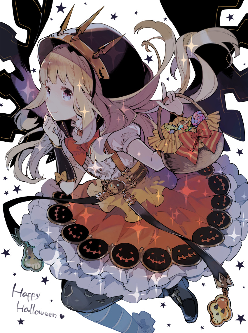 1girl asymmetrical_legwear basket black_hood black_wings blonde_hair bow cagliostro_(granblue_fantasy) candy closed_mouth dress dress_shirt food frilled_dress frills granblue_fantasy grey_eyes hanokage happy_halloween highres holding holding_basket jack-o'-lantern_print lollipop orange_skirt puffy_short_sleeves puffy_sleeves red_bow shirt short_sleeves skirt smile star_(symbol) strap striped striped_bow swirl_lollipop white_shirt wings wrapped_candy