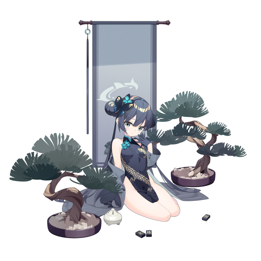 1girl absurdres aiee black_gloves black_hair blue_archive blush bonsai braid braided_bun breasts china_dress chinese_clothes closed_mouth coat double_bun dragon_print dress gloves grey_eyes hair_bun halo highres incense_burner kisaki_(blue_archive) long_hair looking_at_viewer mahjong mahjong_tile off_shoulder pelvic_curtain side_slit sidelocks simple_background sitting sleeveless sleeveless_dress small_breasts solo striped striped_coat vertical-striped_coat white_background