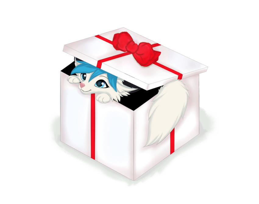 black_ear_tips blue_eyes blue_hair canid canine female feral fluffy fluffy_tail fox fur gift hair joeumbre kayla_(fluffytalesmoko) mammal pink_nose shaded simple_background solo tail white_background white_body white_fur white_tail