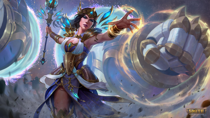 1girl absurdres black_hair blue_eyes bracelet circlet copyright_name dress gaston_aguilera hera_(smite) hera_(smite)_(battle_queen) highres holding holding_wand jewelry logo long_hair looking_at_viewer official_alternate_costume sleeveless smite solo wand