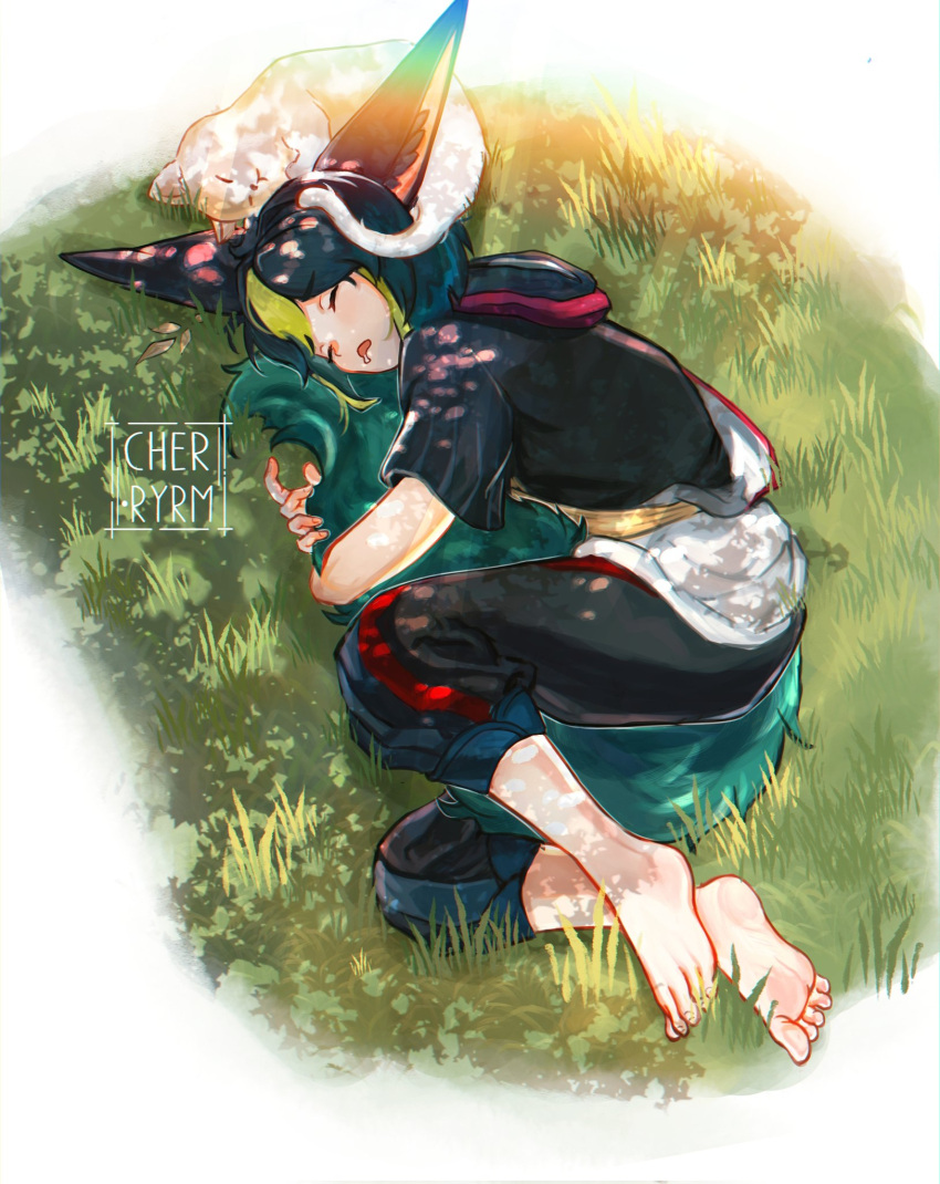 1boy animal animal_ears artist_logo barefoot between_legs black_hair black_hoodie black_pants cat closed_eyes commentary dappled_sunlight drooling feet fingernails full_body genshin_impact grass green_hair green_tail highres hood hood_down hoodie hugging_own_tail hugging_tail lying male_focus multicolored_hair on_grass on_ground on_side open_mouth pants plant ryrmcher sash short_hair short_sleeves signature sleeping soles solo streaked_hair sunlight symbol-only_commentary tail tail_between_legs tighnari_(genshin_impact) toenails toes white_cat yellow_sash