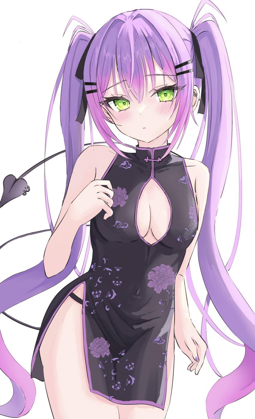 1girl absurdres black_ribbon blush breasts cleavage cleavage_cutout clothing_cutout commentary_request demon_tail dress ear_piercing floral_print_dress green_eyes hair_ornament hair_ribbon hairpin highres hololive long_hair looking_at_viewer medium_breasts multicolored_hair piercing pink_hair purple_hair revision ribbon sleeveless sleeveless_dress streaked_hair tail tamamorh tokoyami_towa twintails virtual_youtuber