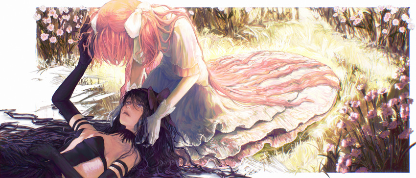 2girls absurdres akemi_homura akuma_homura bare_shoulders black_gloves black_hair bow bow_hairband choker dress elbow_gloves entronyar eye_contact flower frilled_dress frills garden gloves hair_bow hair_ribbon hairband hand_in_another's_hair hand_on_another's_head headpat highres holding_another's_hair kaname_madoka long_hair looking_at_another looking_down lying magical_girl mahou_shoujo_madoka_magica mahou_shoujo_madoka_magica:_hangyaku_no_monogatari multiple_girls on_back parted_lips pink_flower pink_hair purple_bow purple_eyes purple_hairband ribbon shattered short_sleeves two_side_up ultimate_madoka very_long_hair white_bow white_dress white_gloves white_ribbon yuri