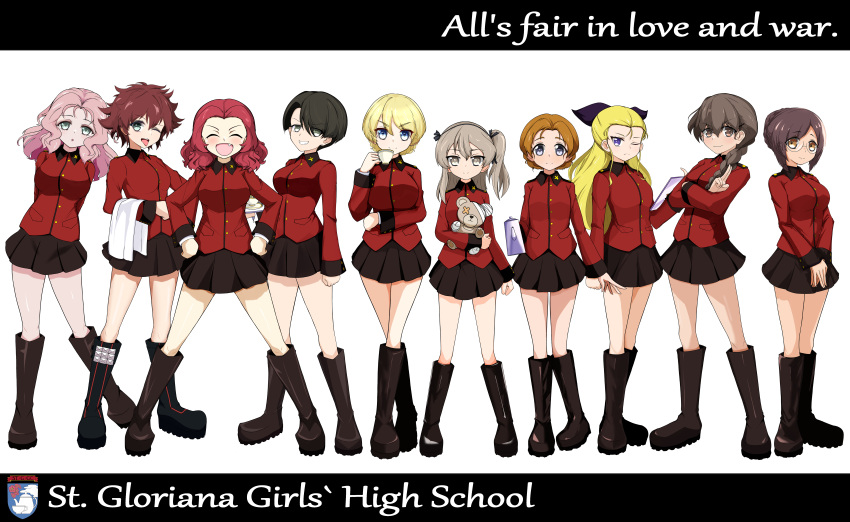 6+girls :d :o ;( absurdres aqua_eyes arms_behind_back assam_(girls_und_panzer) bandages black_bow black_footwear black_ribbon black_skirt blonde_hair blue_eyes boko_(girls_und_panzer) boots bow braid braided_bun braided_ponytail brown_eyes brown_hair clipboard closed_eyes closed_mouth commentary cranberry_(girls_und_panzer) crossed_arms cup darjeeling_(girls_und_panzer) earrings emblem english_text epaulettes facing_viewer fang frown girls_und_panzer girls_und_panzer_saishuushou glasses green_eyes grin hair_bow hair_bun hair_ornament hair_over_one_eye hair_over_shoulder hair_pulled_back hair_ribbon hairclip hand_on_own_hip hands_on_own_hips highres holding holding_clipboard holding_cup holding_stuffed_toy holding_teapot holding_towel holding_tray jacket jewelry knee_boots leaning_to_the_side legs_apart letterboxed light_brown_hair long_hair long_sleeves looking_at_viewer medium_hair messy_hair military_uniform miniskirt multiple_girls nilgiri_(girls_und_panzer) one_eye_closed one_side_up open_mouth orange_hair orange_pekoe_(girls_und_panzer) own_hands_together parted_lips peach_(girls_und_panzer) pink_hair pleated_skirt red_hair red_jacket ribbon rimless_eyewear rosehip_(girls_und_panzer) round_eyewear rukuriri_(girls_und_panzer) salute saucer shibainutank shimada_arisu short_hair side-by-side simple_background single_braid skirt smile spiked_footwear spoilers st._gloriana's_(emblem) st._gloriana's_military_uniform standing stud_earrings stuffed_animal stuffed_toy swept_bangs teacup teapot teddy_bear tongue tongue_out towel tray twin_braids two-finger_salute uniform v_arms vanilla_(girls_und_panzer) wavy_hair white_background