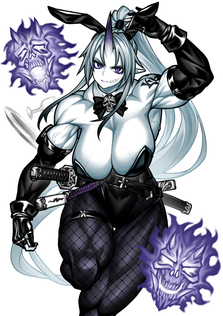 1girl absurdres angry animal_ears black_bow black_bowtie black_gloves bow bowtie breasts cleavage collar colored_skin commentary cup elbow_gloves fake_animal_ears fishnets gloves grey_hair highres holding_own_ears horns jewelry katana large_breasts leotard long_hair looking_at_viewer multiple_rings muscular muscular_female original pantyhose partially_fingerless_gloves playboy_bunny pointy_ears ponytail purple_eyes purple_lips rabbit_ears ring sheath sheathed shoulder_tattoo simple_background single_horn slit_pupils solo spirit sword symbol-only_commentary tattoo thighlet tray veins veiny_arms veiny_breasts very_long_hair weapon white_background white_collar white_skin yotaro