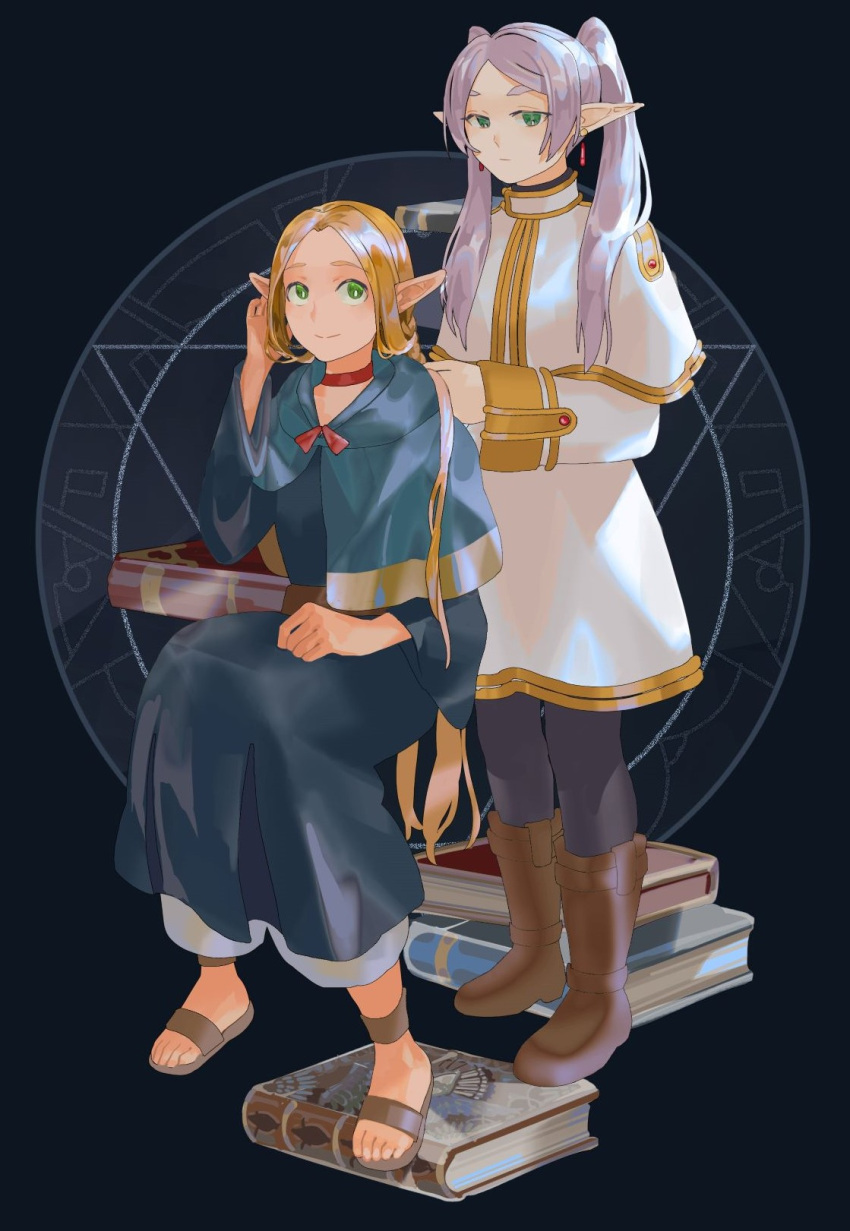 2girls blonde_hair blue_capelet blue_eyes blue_robe book book_stack boots brown_footwear capelet choker commentary dungeon_meshi elf english_commentary frieren green_eyes highres hood hooded_capelet invisible_chair long_hair marcille_donato multiple_girls pantyhose parted_bangs pointy_ears polynis red_choker robe sandals sitting sousou_no_frieren species_connection toes trait_connection twintails very_long_hair white_capelet