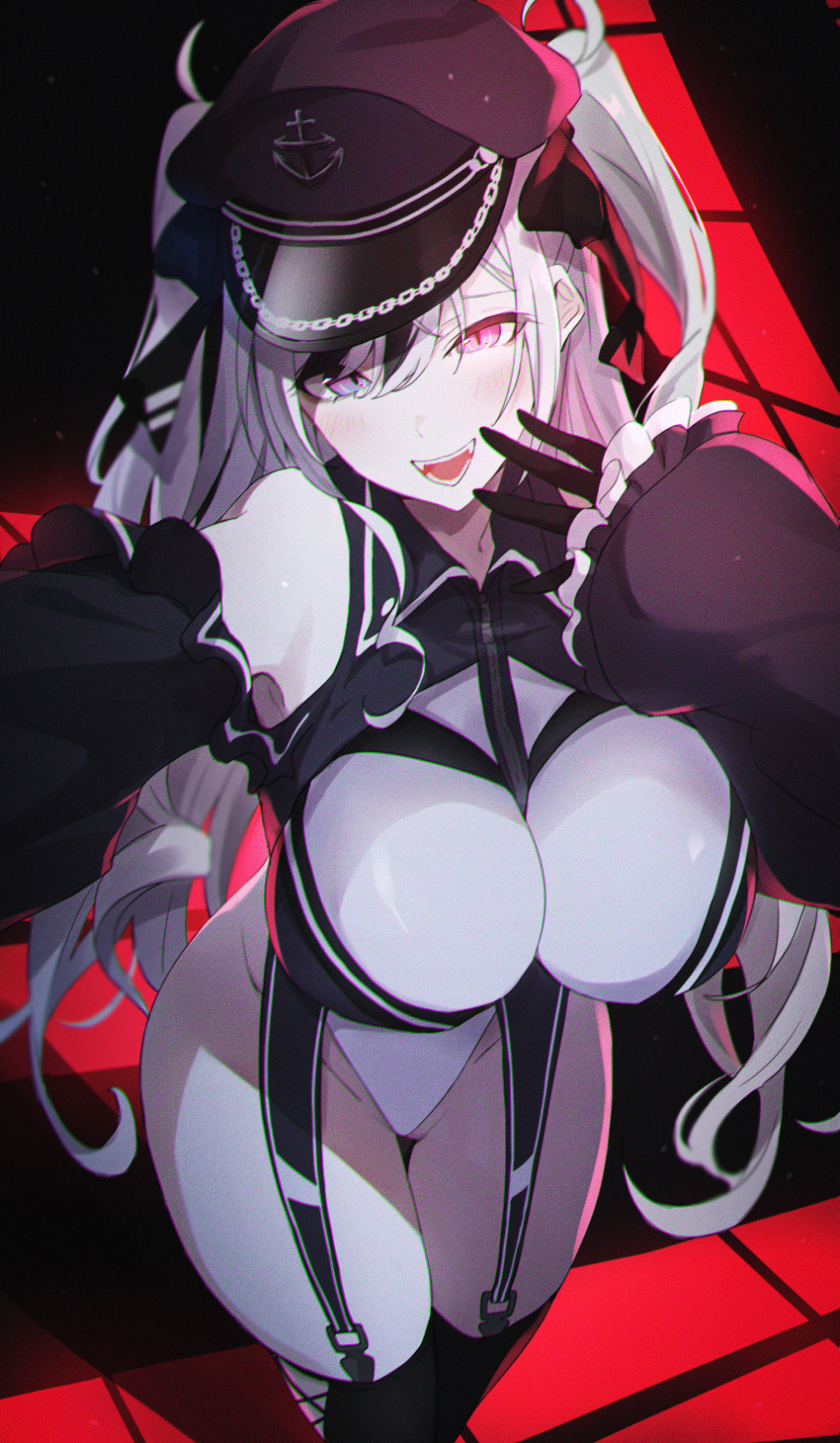 absurdres anchor_symbol azur_lane black_headwear breasts clothing_cutout elbe_(azur_lane) facing_viewer garter_straps hand_up hat highres large_breasts leotard long_hair long_sleeves looking_at_viewer multicolored_hair neu_(musyoku-neet) open_mouth outstretched_arms peaked_cap puffy_sleeves red_eyes shoulder_cutout sleeves_past_wrists smile streaked_hair thighhighs two_side_up white_hair white_leotard